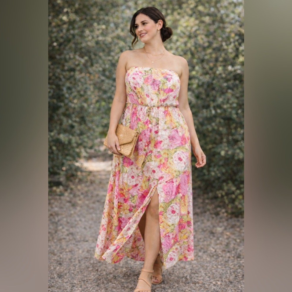 Jessica Simpson Pink Floral Strapless Blouson Front Slit Maxi Flowy Dress large
